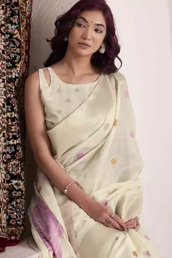 Women's cream soft linen jacquard saree with unstitched silk blend blouse piece