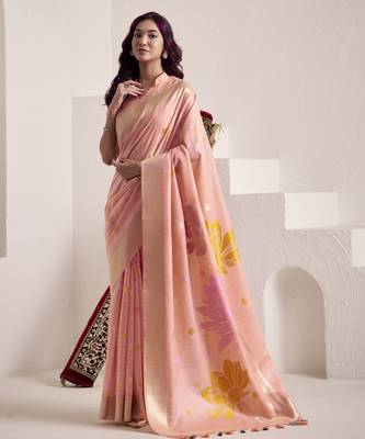 Women's peach soft linen jacquard saree with unstitched silk blend blouse piece 1