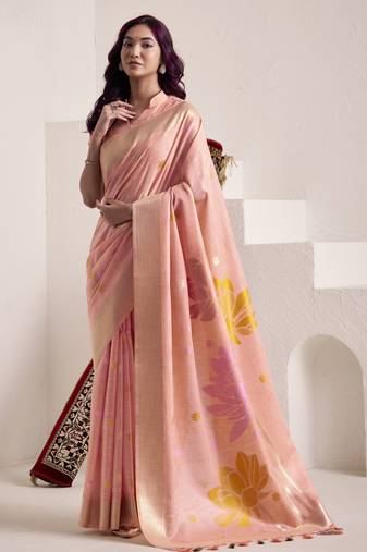 Women's peach soft linen jacquard saree with unstitched silk blouse piece