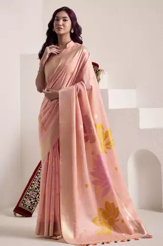 Women's peach soft linen jacquard saree with unstitched silk blouse piece