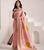 Women's peach soft linen jacquard saree with unstitched silk blouse piece