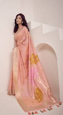 Women's peach soft linen jacquard saree with unstitched silk blend blouse piece 2