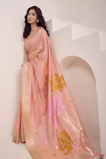 Women's peach soft linen jacquard saree with unstitched silk blend blouse piece