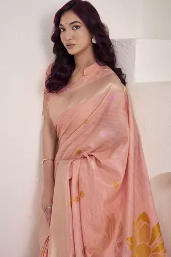 Women's peach soft linen jacquard saree with unstitched silk blend blouse piece