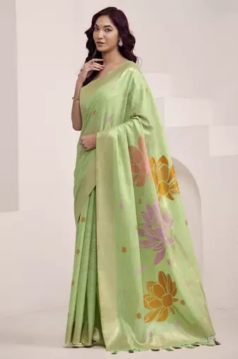 Women's pista soft linen jacquard saree with unstitched silk blouse piece