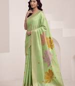 Women's pista soft linen jacquard saree with unstitched silk blouse piece