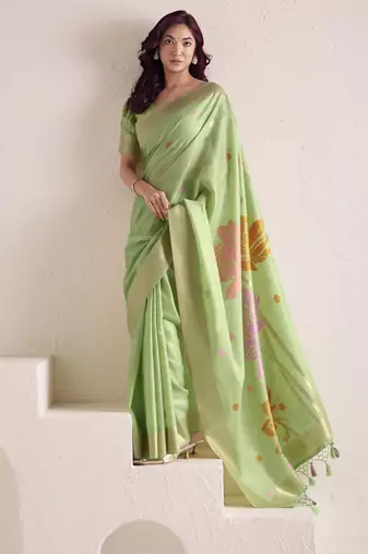 Women's pista soft linen jacquard saree with unstitched silk blend blouse piece