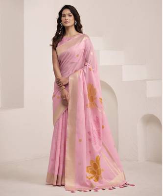Women's pink soft linen jacquard saree with unstitched silk blend blouse piece 1