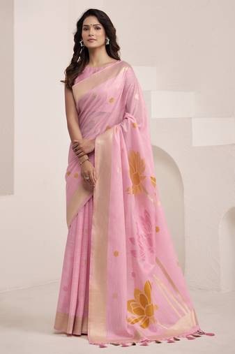 Women's pink soft linen jacquard saree with unstitched silk blouse piece