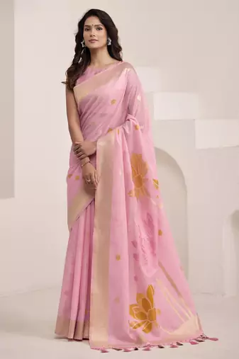 Women's pink soft linen jacquard saree with unstitched silk blouse piece