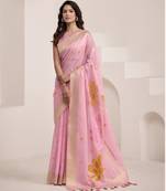 Women's pink soft linen jacquard saree with unstitched silk blouse piece