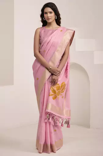 Women's pink soft linen jacquard saree with unstitched silk blend blouse piece