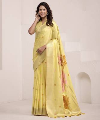 Women's yellow soft linen jacquard saree with unstitched silk blend blouse piece 1