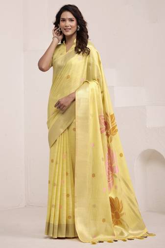 Women's yellow soft linen jacquard saree with unstitched silk blouse piece