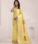 Women's yellow soft linen jacquard saree with unstitched silk blouse piece