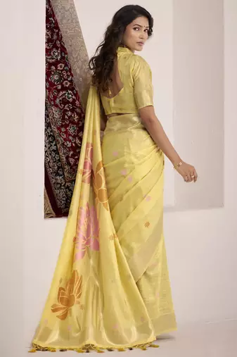 Women's yellow soft linen jacquard saree with unstitched silk blend blouse piece
