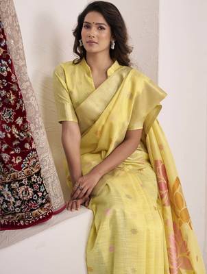 Women's yellow soft linen jacquard saree with unstitched silk blend blouse piece 3