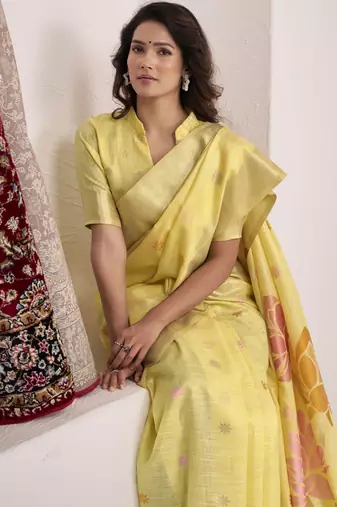 Women's yellow soft linen jacquard saree with unstitched silk blend blouse piece