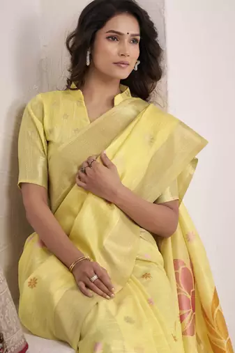 Women's yellow soft linen jacquard saree with unstitched silk blend blouse piece