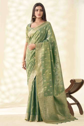 Women's green silk blend zari woven saree with unstitched silk blouse piece