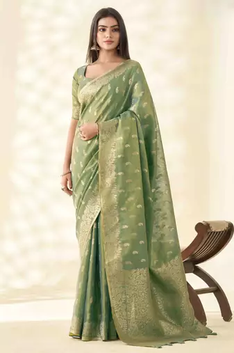 Women's green silk blend zari woven saree with unstitched silk blouse piece