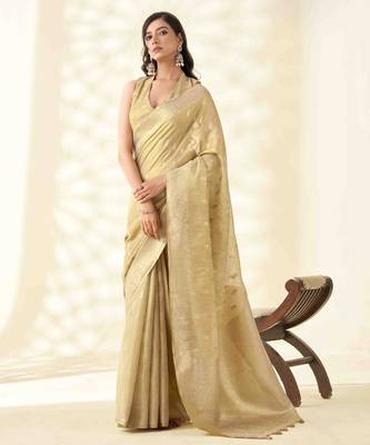 Women's beige silk blend zari woven saree with unstitched silk blend blouse piece 1