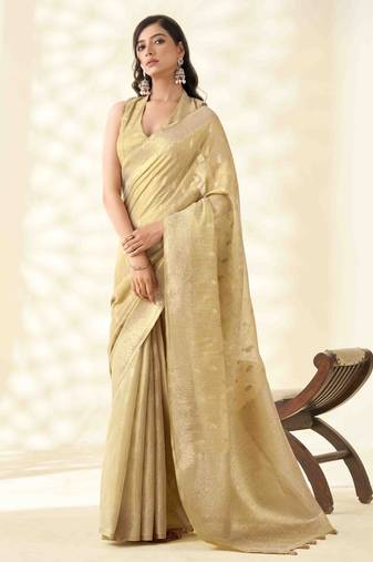 Women's beige silk blend zari woven saree with unstitched silk blouse piece