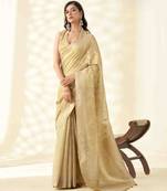 Women's beige silk blend zari woven saree with unstitched silk blouse piece