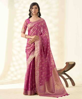 Women's rani silk blend zari woven saree with unstitched silk blend blouse piece 1