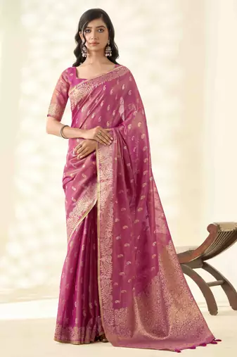 Women's rani silk blend zari woven saree with unstitched silk blouse piece