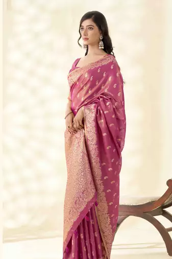 Women's rani silk blend zari woven saree with unstitched silk blend blouse piece