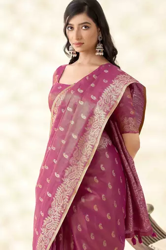 Women's rani silk blend zari woven saree with unstitched silk blend blouse piece
