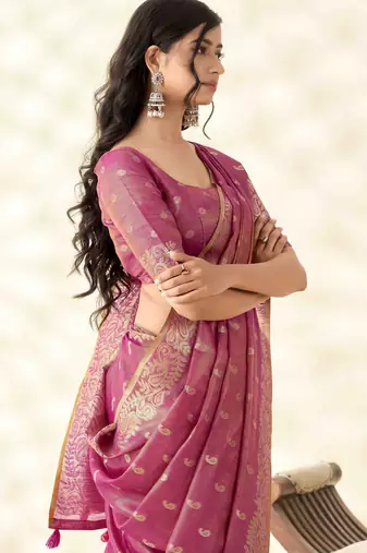Women's rani silk blend zari woven saree with unstitched silk blend blouse piece