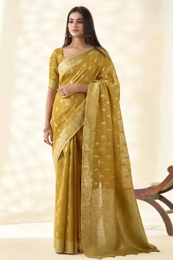 Women's mustard silk blend zari woven saree with unstitched silk blouse piece