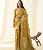 Women's mustard silk blend zari woven saree with unstitched silk blouse piece