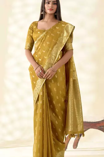 Women's mustard silk blend zari woven saree with unstitched silk blend blouse piece
