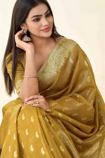 Women's mustard silk blend zari woven saree with unstitched silk blend blouse piece