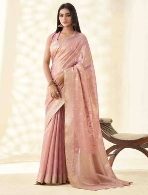 Women's pink silk blend zari woven saree with unstitched silk blend blouse piece 1