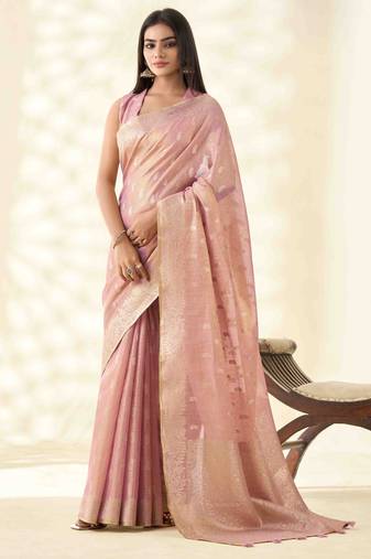 Women's pink silk blend zari woven saree with unstitched silk blouse piece