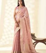 Women's pink silk blend zari woven saree with unstitched silk blouse piece