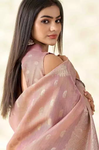 Women's pink silk blend zari woven saree with unstitched silk blend blouse piece
