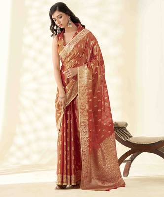 Women's rust silk blend zari woven saree with unstitched silk blend blouse piece 1