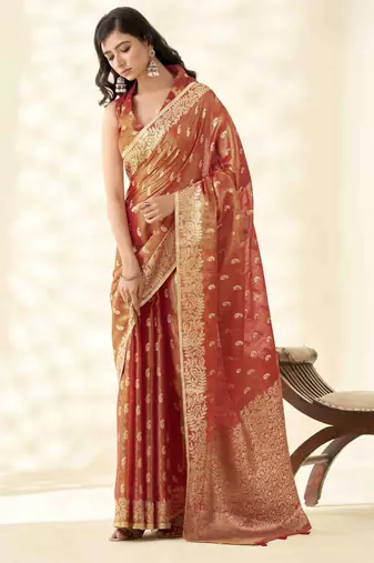 Women's rust silk blend zari woven saree with unstitched silk blouse piece
