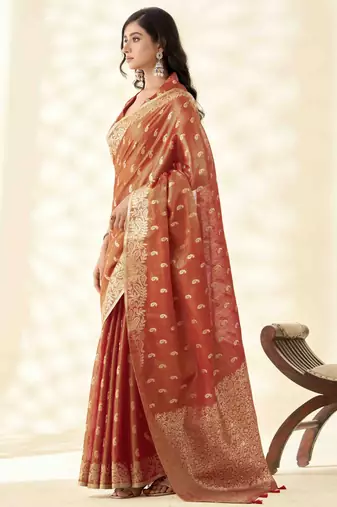 Women's rust silk blend zari woven saree with unstitched silk blend blouse piece