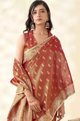 Women's rust silk blend zari woven saree with unstitched silk blend blouse piece