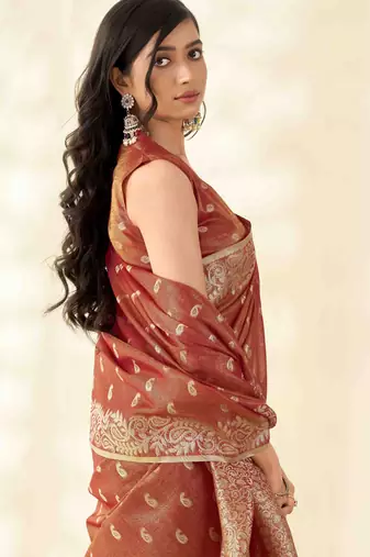 Women's rust silk blend zari woven saree with unstitched silk blend blouse piece