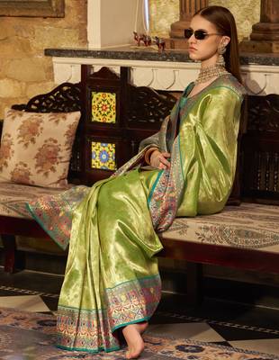 Women's green tissue silk zari woven saree with unstitched silk blouse piece 2