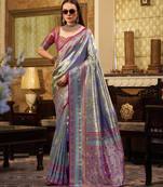 Women's blue tissue silk zari woven saree with unstitched silk blouse piece