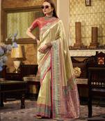 Women's beige tissue silk zari woven saree with unstitched silk blouse piece