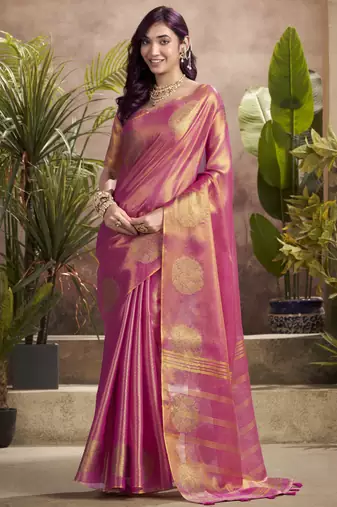 Women's pink tissue silk zari woven saree with unstitched silk blouse piece